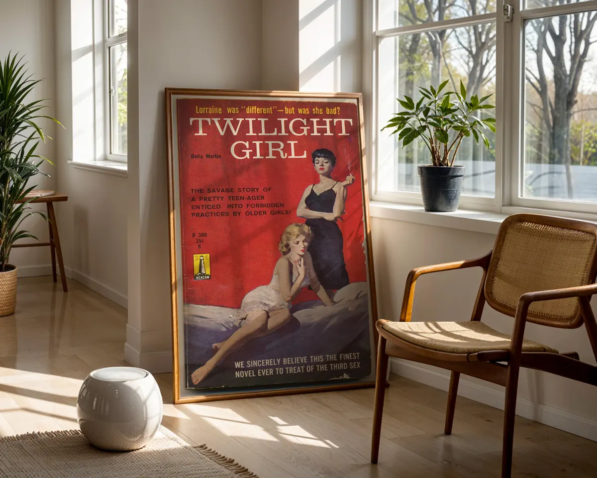 Vintage lesbian pulp paperback cover poster titled Twilight Girl with two women in a bold red room. — photo 5
