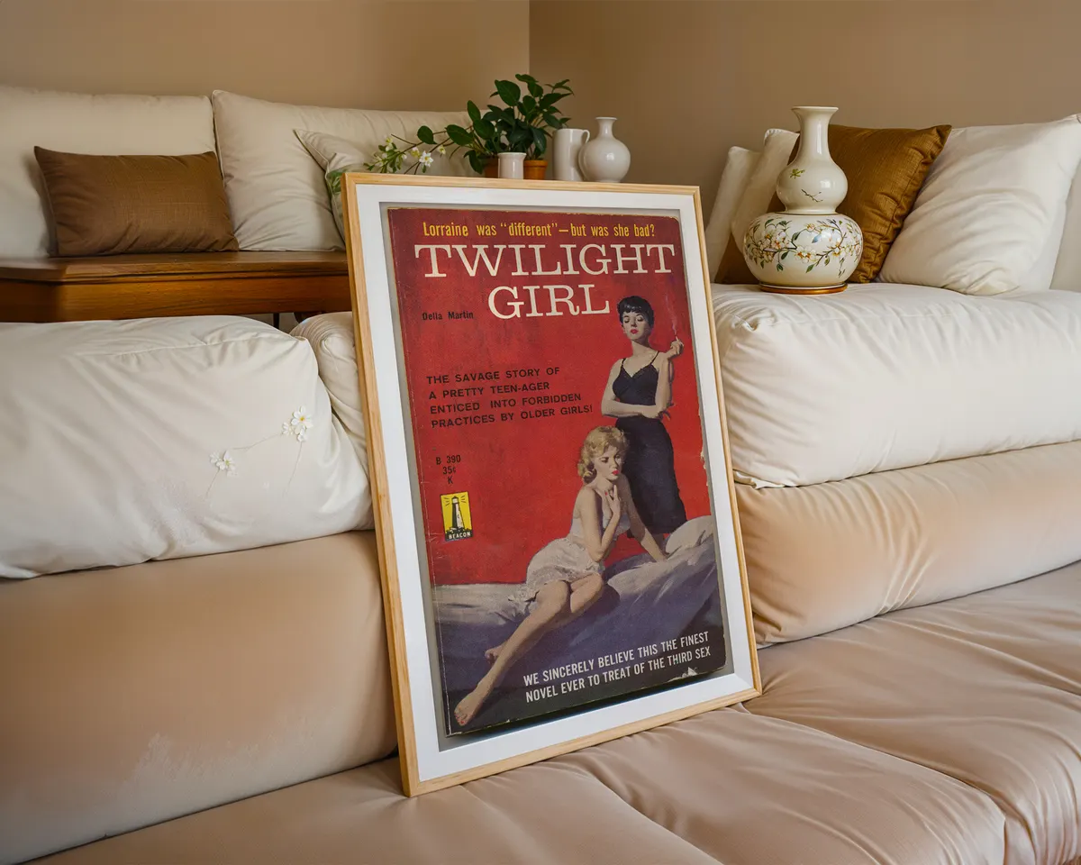 Vintage lesbian pulp paperback cover poster titled Twilight Girl with two women in a bold red room. — photo 6