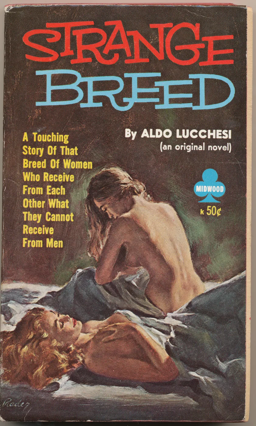 Vintage lesbian pulp paperback cover poster titled Strange Breed in a moody intimate illustrated style.