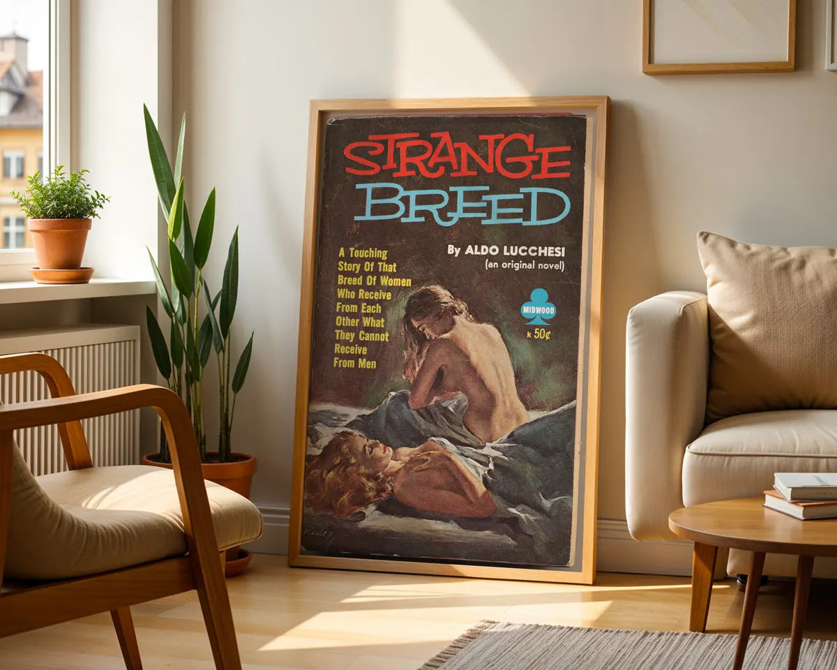 Vintage lesbian pulp paperback cover poster titled Strange Breed in a moody intimate illustrated style. — photo 2