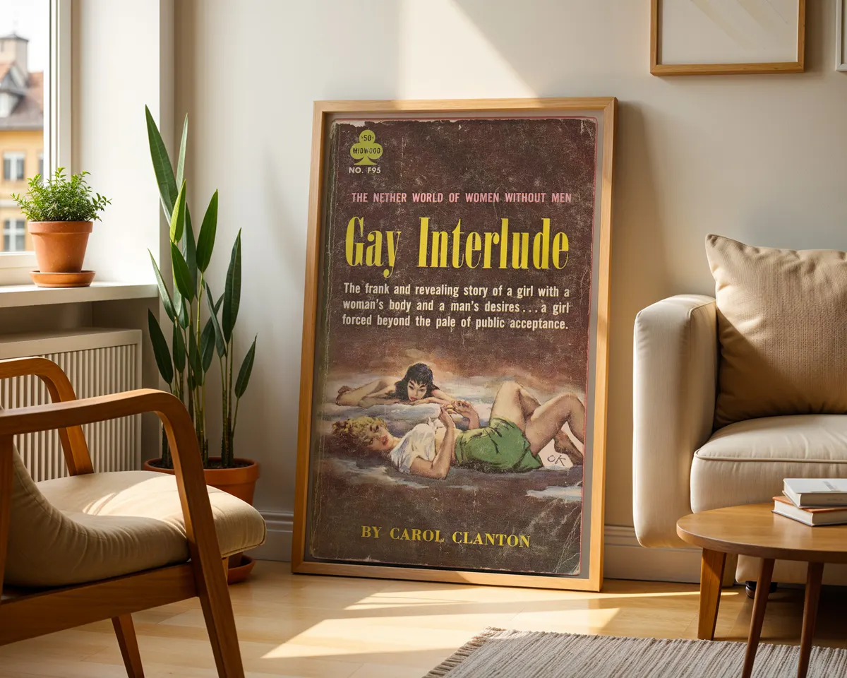 Vintage lesbian pulp paperback cover poster titled Gay Interlude in a vivid bold illustrated style. — photo 2