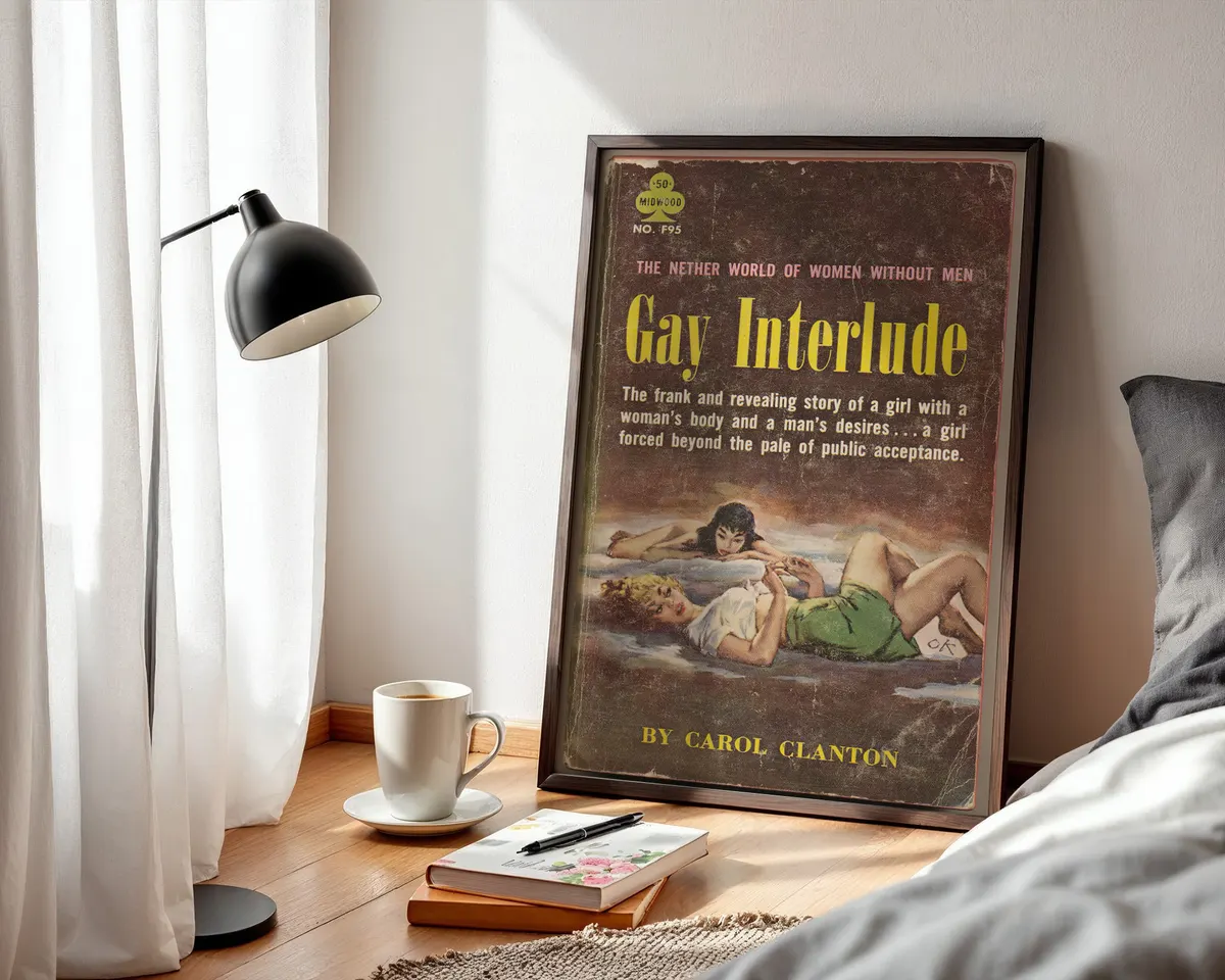 Vintage lesbian pulp paperback cover poster titled Gay Interlude in a vivid bold illustrated style. — photo 3