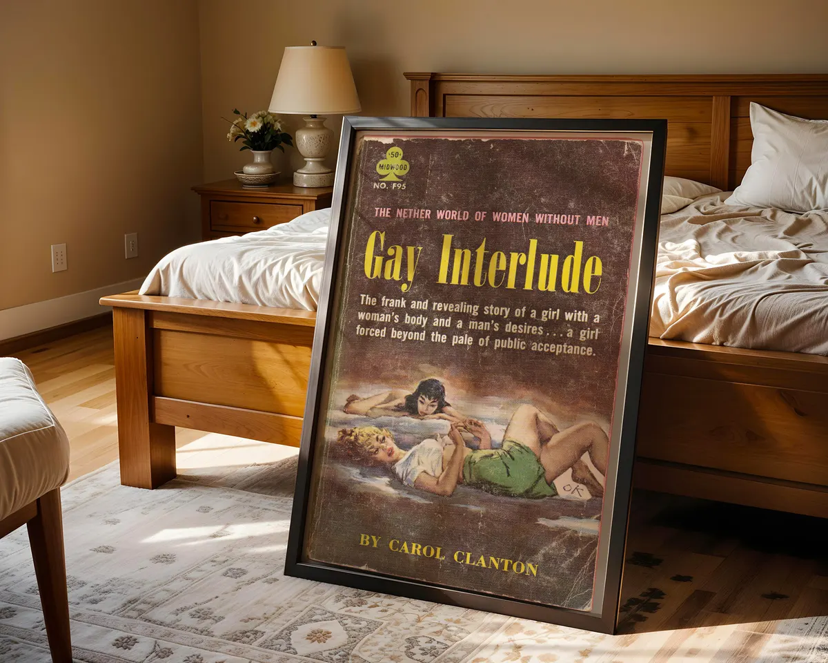Vintage lesbian pulp paperback cover poster titled Gay Interlude in a vivid bold illustrated style. — photo 4