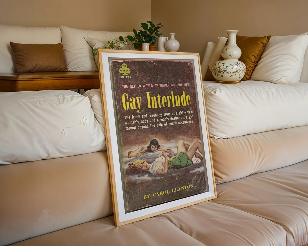 Vintage lesbian pulp paperback cover poster titled Gay Interlude in a vivid bold illustrated style. — photo 6