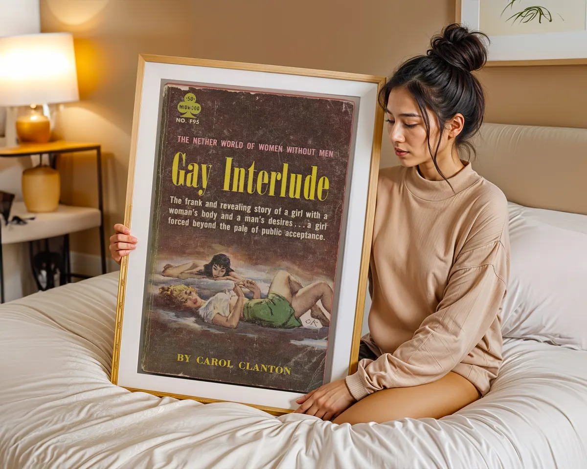 Vintage lesbian pulp paperback cover poster titled Gay Interlude in a vivid bold illustrated style. — photo 7
