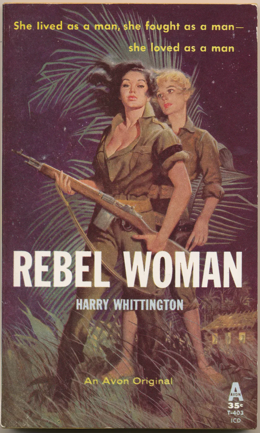 Vintage sapphic pulp paperback cover poster titled Rebel Woman in a dramatic adventure illustration.