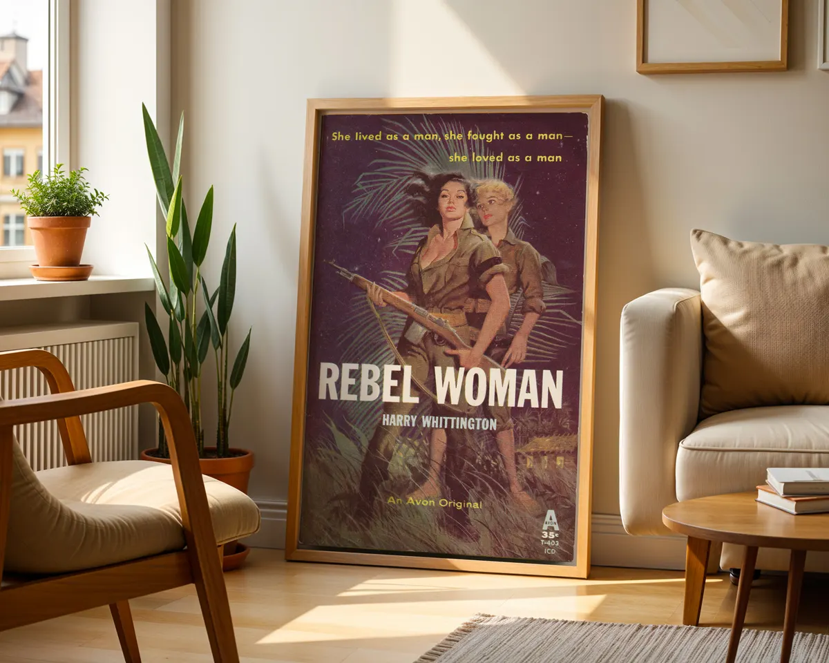 Vintage sapphic pulp paperback cover poster titled Rebel Woman in a dramatic adventure illustration. — photo 2