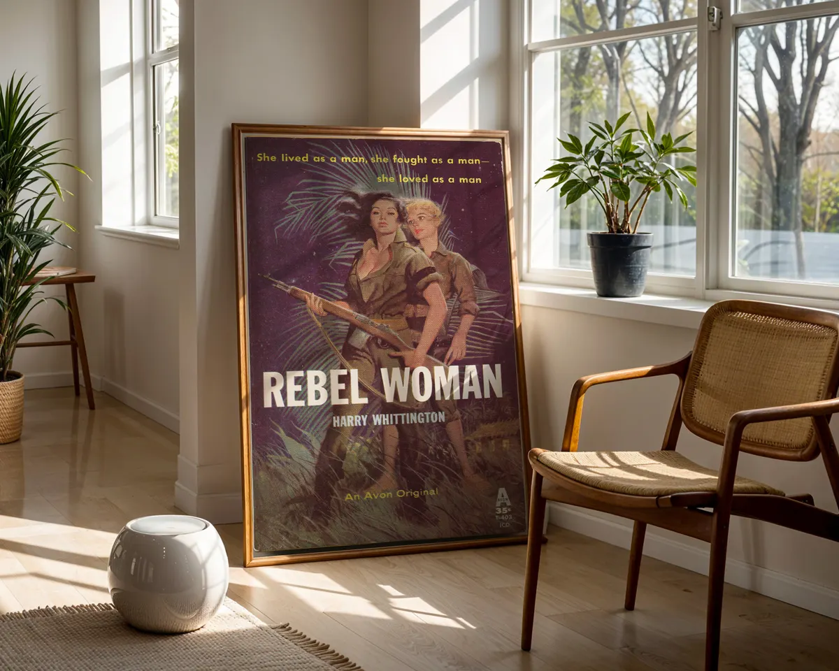 Vintage sapphic pulp paperback cover poster titled Rebel Woman in a dramatic adventure illustration. — photo 5