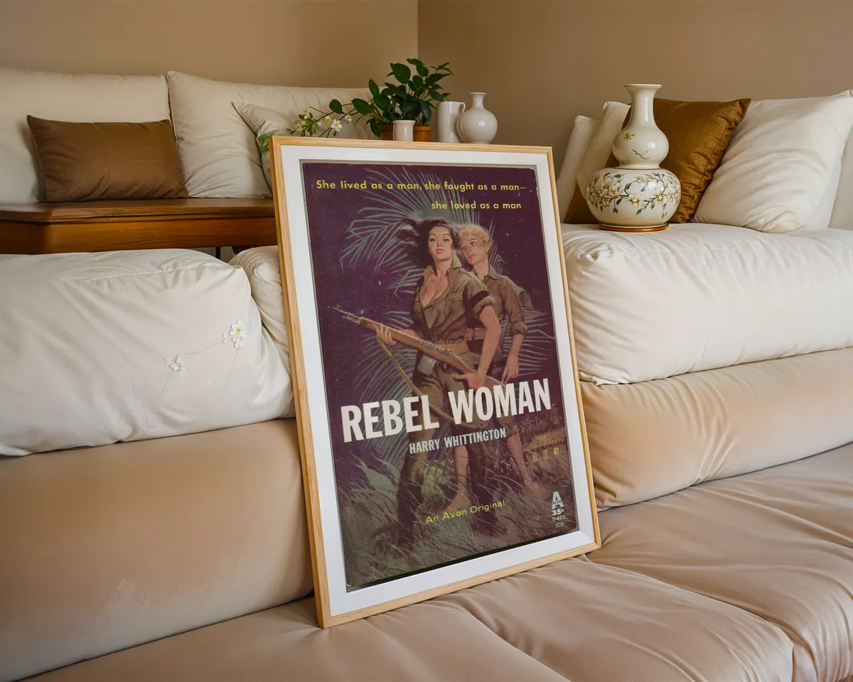 Vintage sapphic pulp paperback cover poster titled Rebel Woman in a dramatic adventure illustration. — photo 6