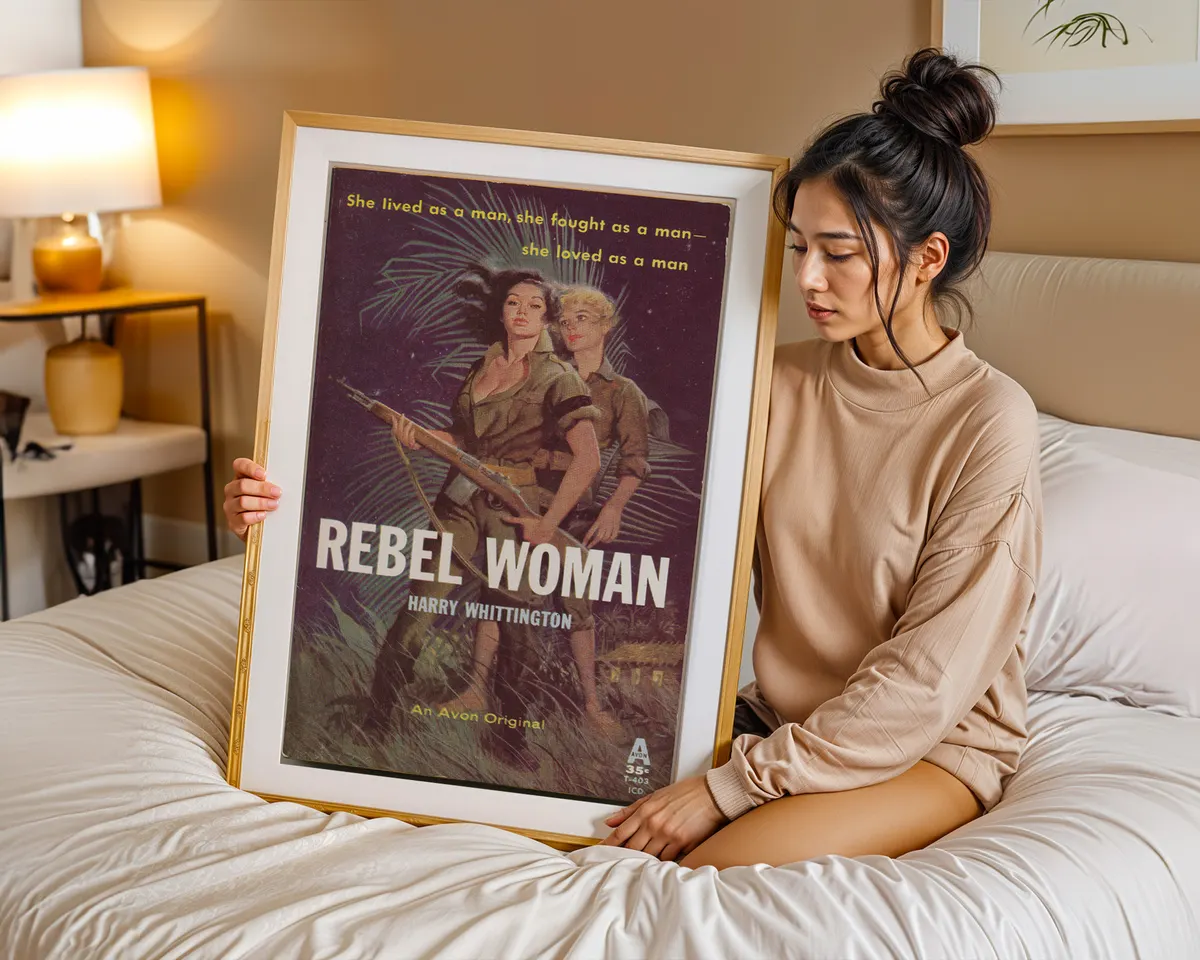 Vintage sapphic pulp paperback cover poster titled Rebel Woman in a dramatic adventure illustration. — photo 7