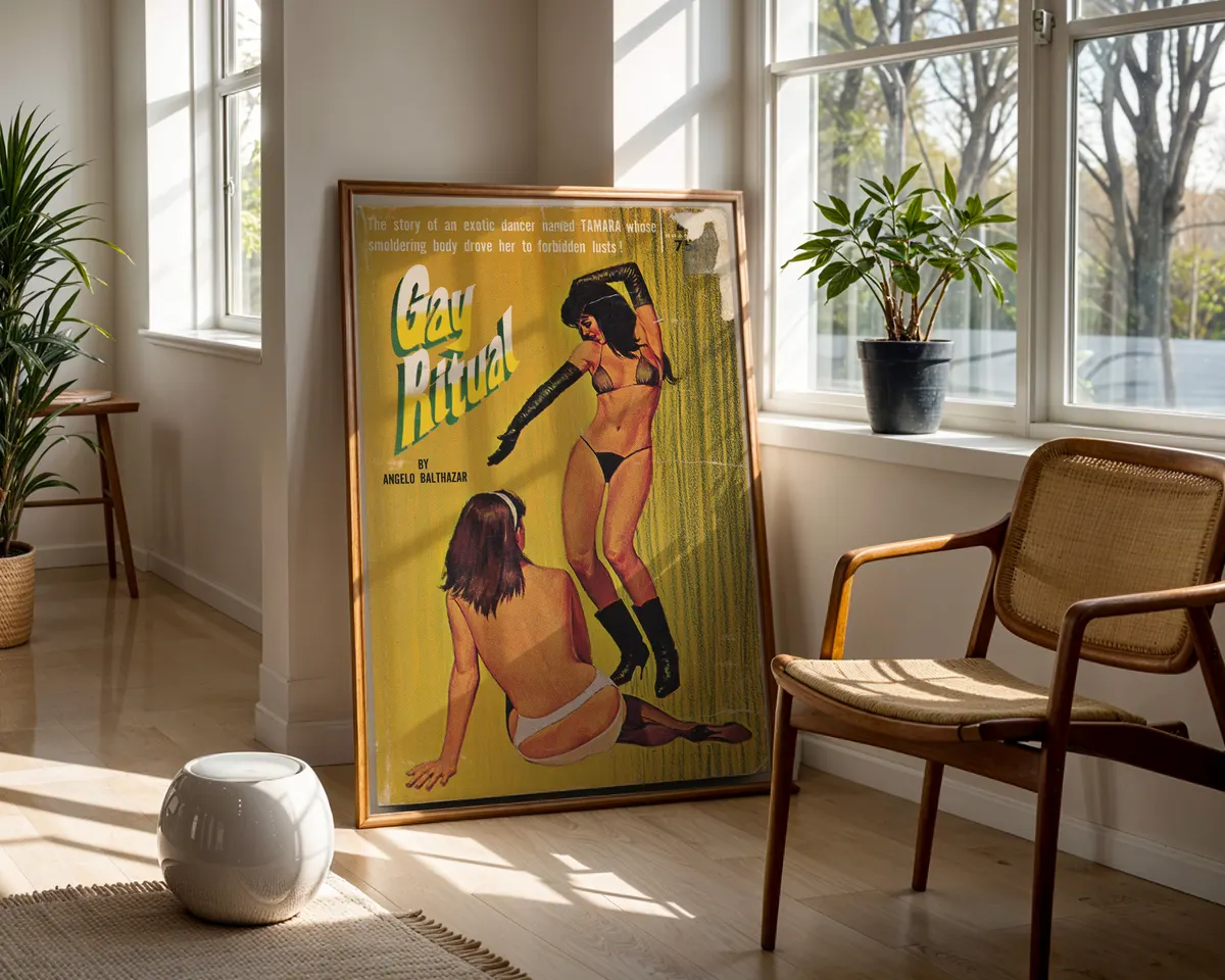 Vintage lesbian pulp paperback cover poster titled Gay Ritual on a striking yellow-green background. — photo 5