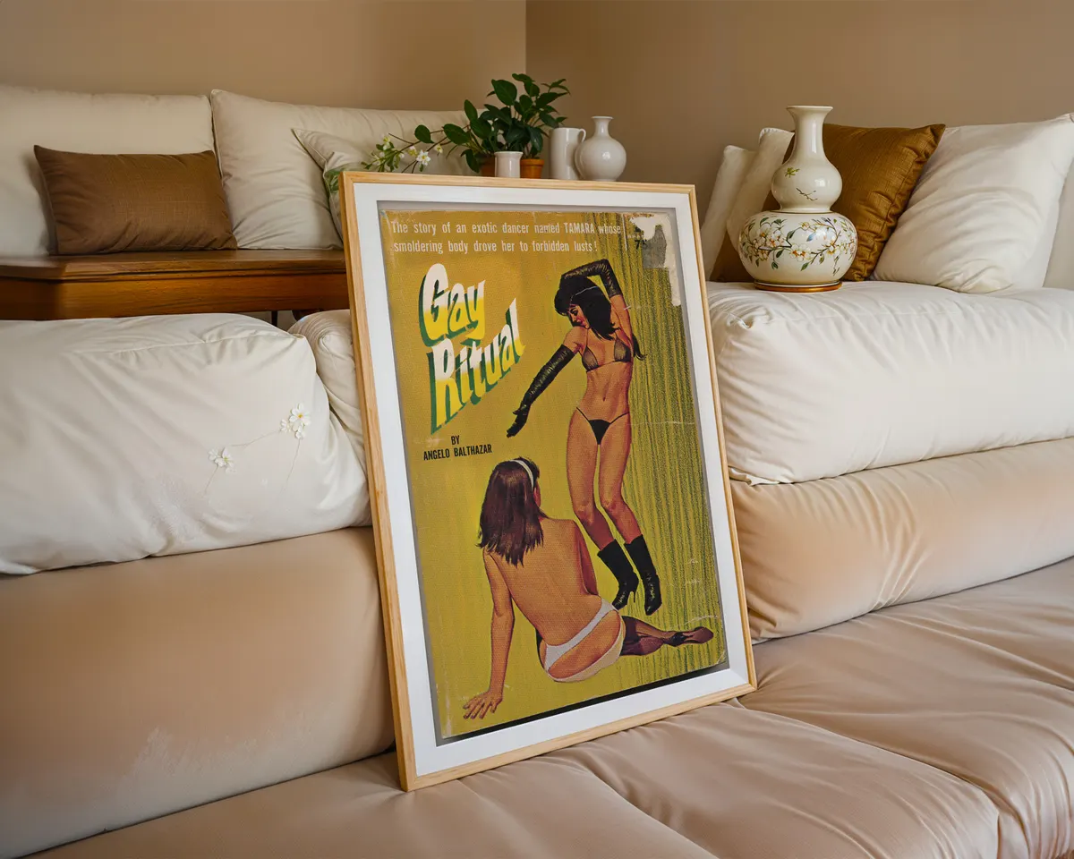 Vintage lesbian pulp paperback cover poster titled Gay Ritual on a striking yellow-green background. — photo 6