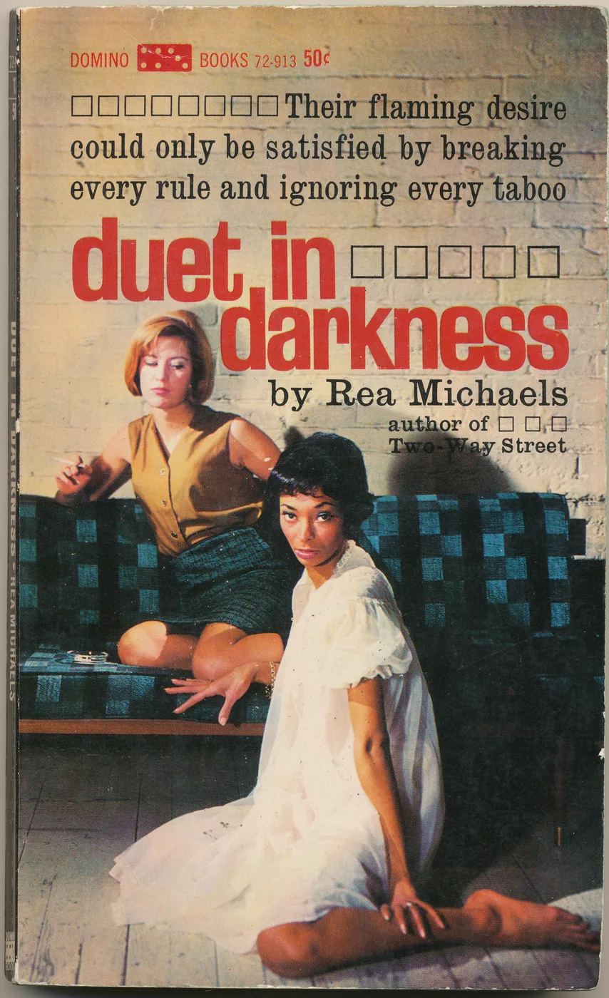 Vintage lesbian pulp paperback cover poster titled Duet in Darkness showing two women of different backgrounds.