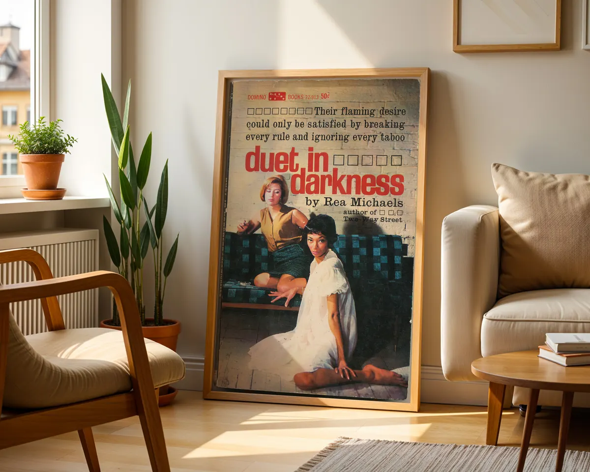 Vintage lesbian pulp paperback cover poster titled Duet in Darkness showing two women of different backgrounds. — photo 2
