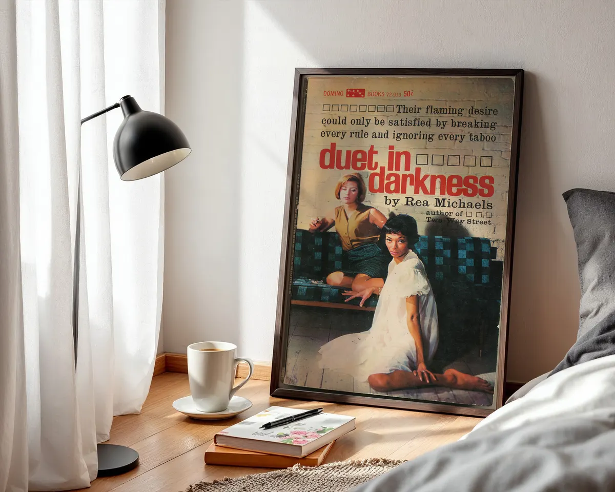 Vintage lesbian pulp paperback cover poster titled Duet in Darkness showing two women of different backgrounds. — photo 3