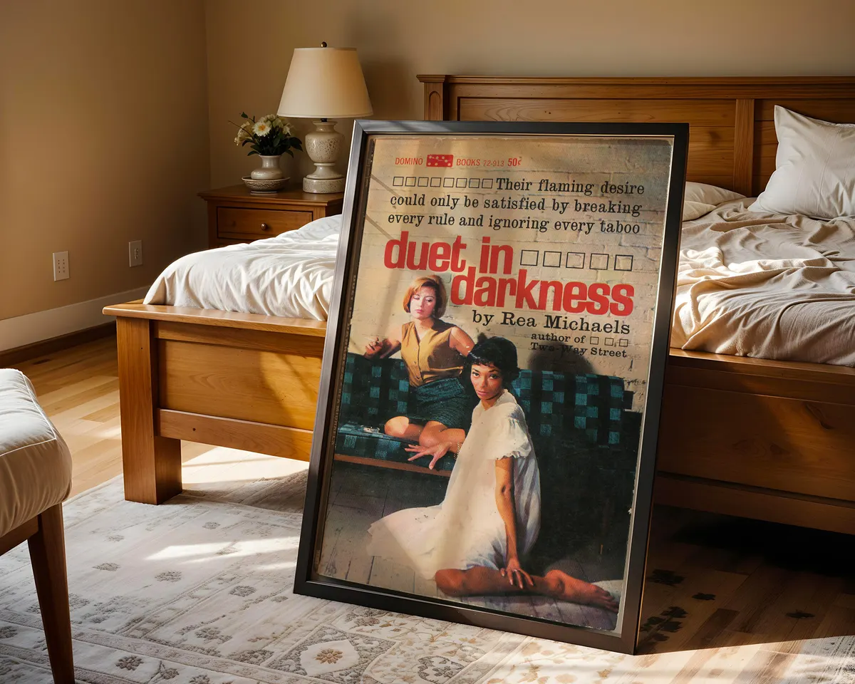 Vintage lesbian pulp paperback cover poster titled Duet in Darkness showing two women of different backgrounds. — photo 4