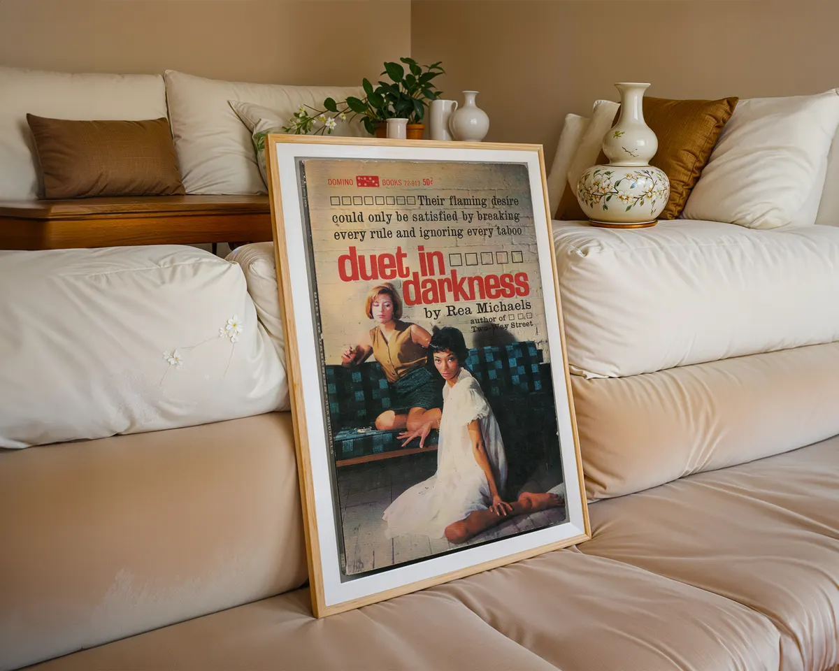 Vintage lesbian pulp paperback cover poster titled Duet in Darkness showing two women of different backgrounds. — photo 6