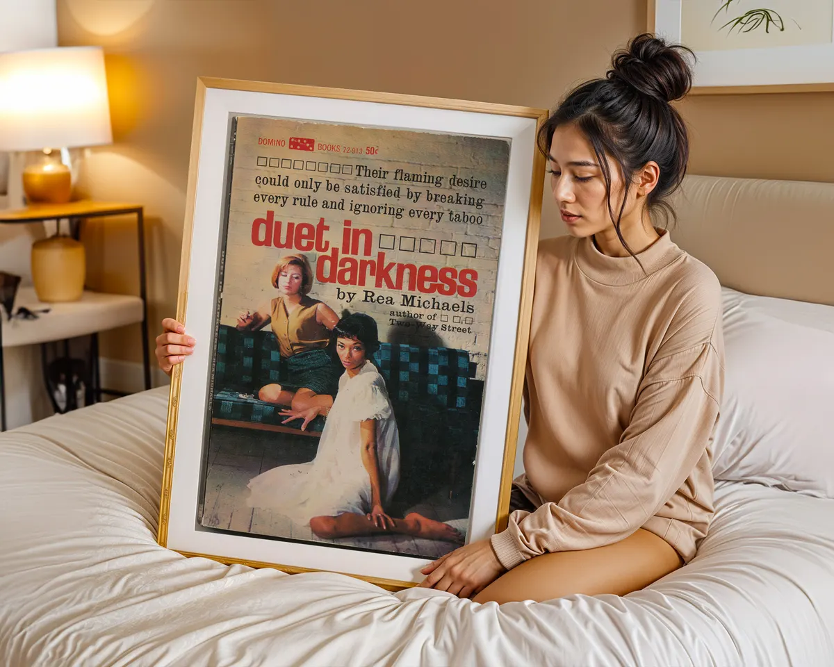 Vintage lesbian pulp paperback cover poster titled Duet in Darkness showing two women of different backgrounds. — photo 7