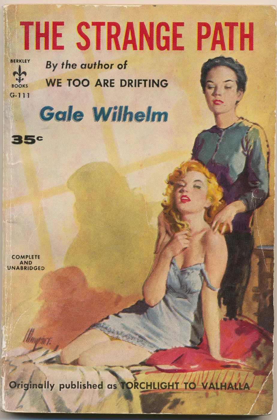 Vintage lesbian pulp paperback cover poster for The Strange Path in a literary mid-century illustrated style.