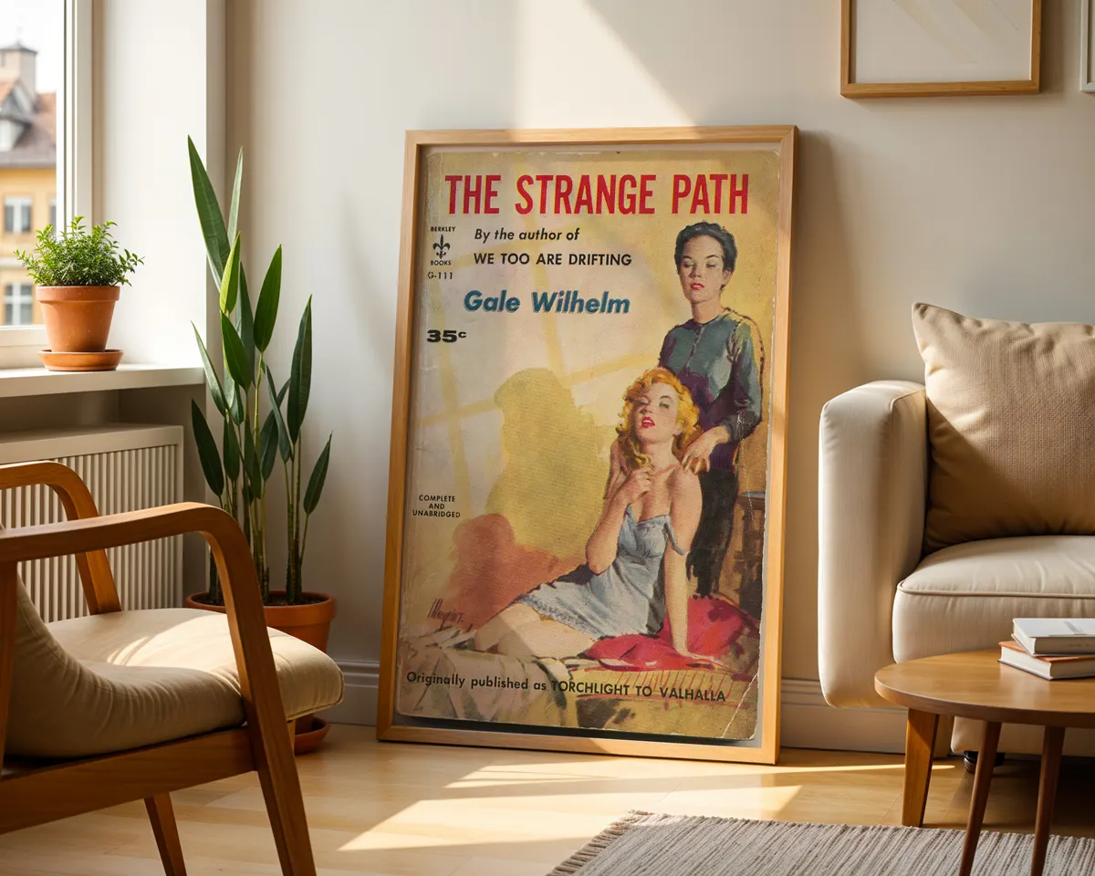 Vintage lesbian pulp paperback cover poster for The Strange Path in a literary mid-century illustrated style. — photo 2