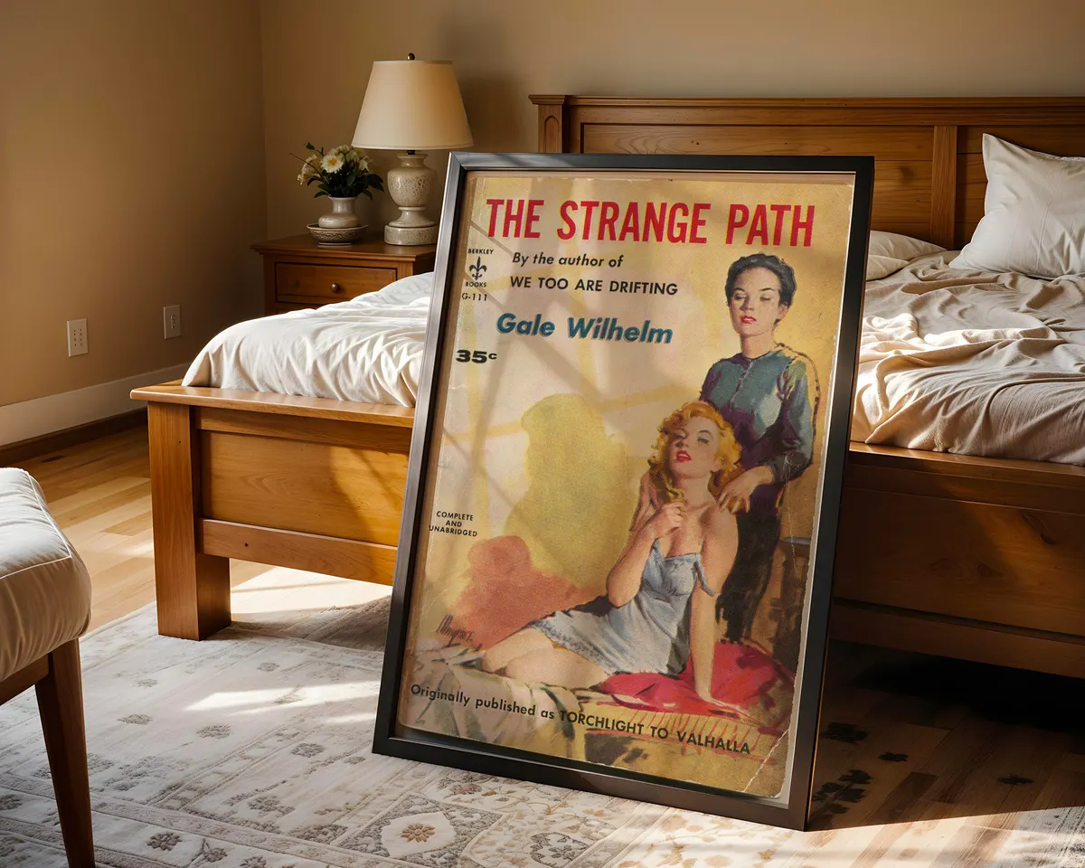 Vintage lesbian pulp paperback cover poster for The Strange Path in a literary mid-century illustrated style. — photo 4
