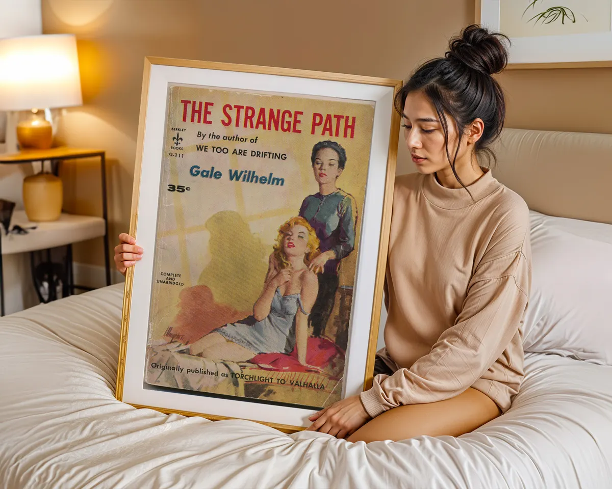 Vintage lesbian pulp paperback cover poster for The Strange Path in a literary mid-century illustrated style. — photo 7
