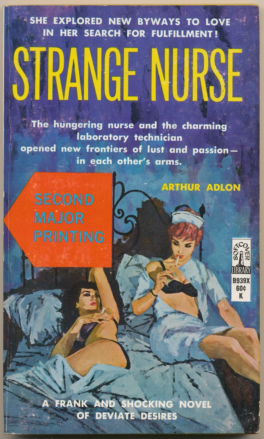 Vintage lesbian pulp paperback cover poster titled Strange Nurse in a moody blue medical illustrated style.