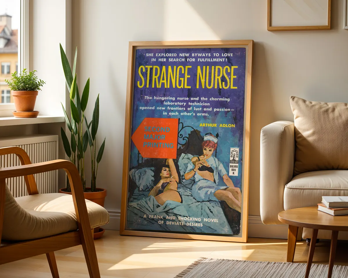 Vintage lesbian pulp paperback cover poster titled Strange Nurse in a moody blue medical illustrated style. — photo 2