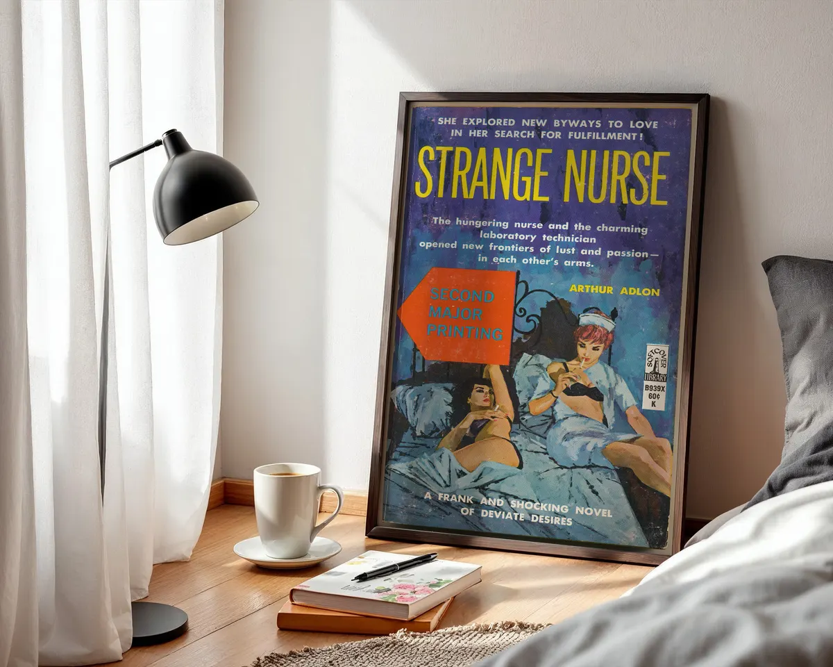 Vintage lesbian pulp paperback cover poster titled Strange Nurse in a moody blue medical illustrated style. — photo 3