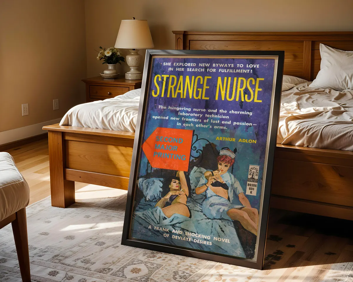 Vintage lesbian pulp paperback cover poster titled Strange Nurse in a moody blue medical illustrated style. — photo 4