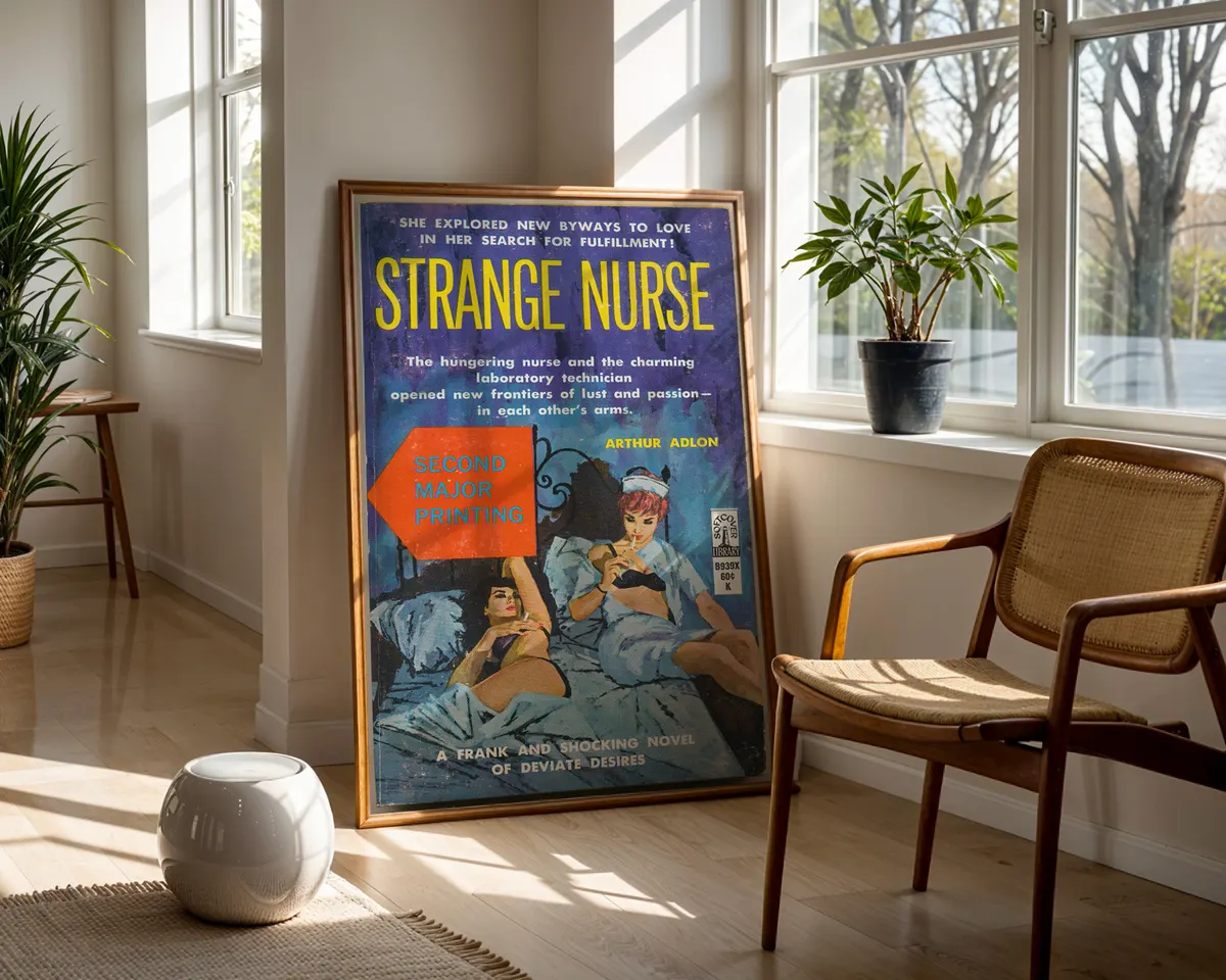 Vintage lesbian pulp paperback cover poster titled Strange Nurse in a moody blue medical illustrated style. — photo 5