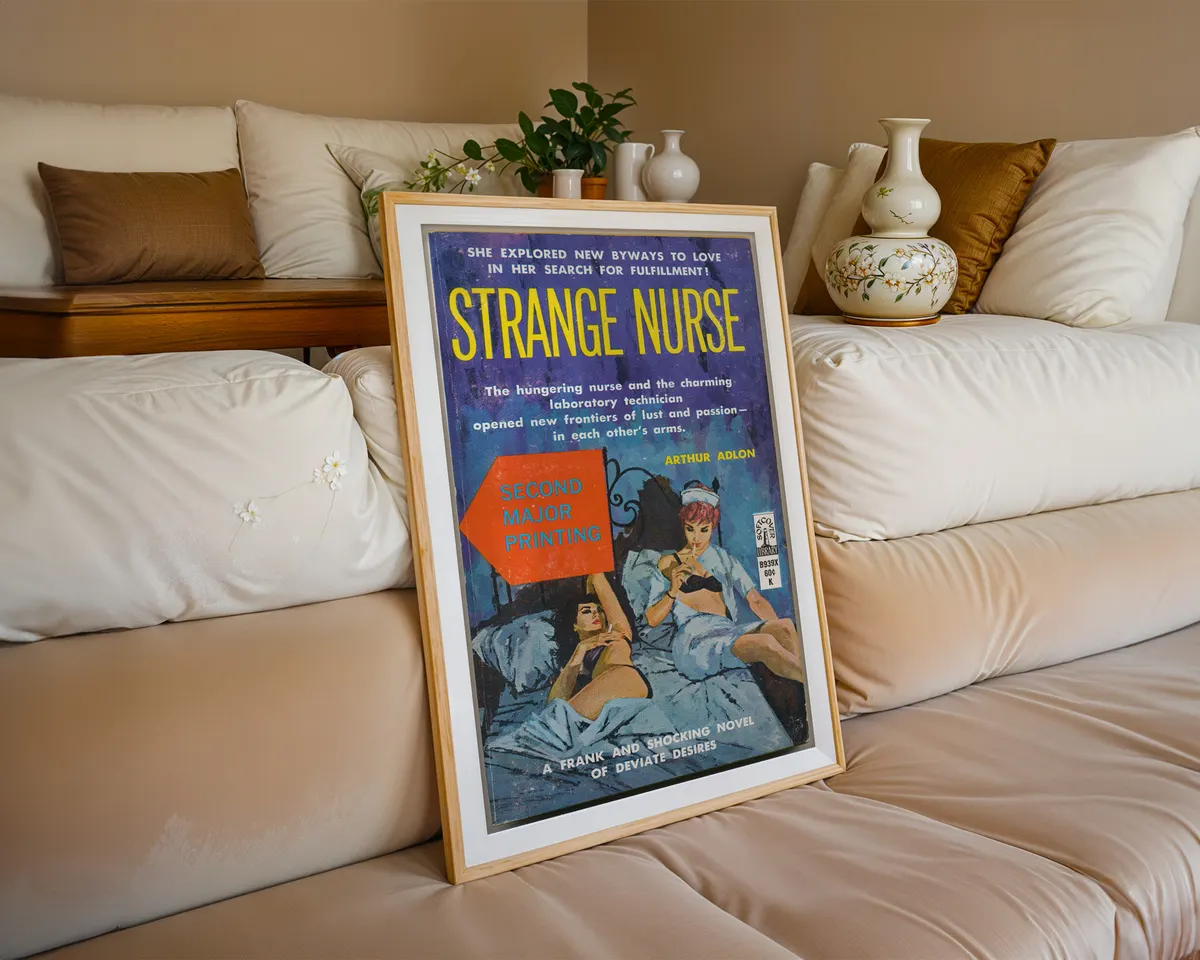 Vintage lesbian pulp paperback cover poster titled Strange Nurse in a moody blue medical illustrated style. — photo 6