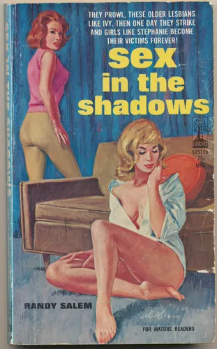 Moody blue 1950s sapphic pulp fiction cover art print of two women in an intimate noir scene with bold yellow retro typography.