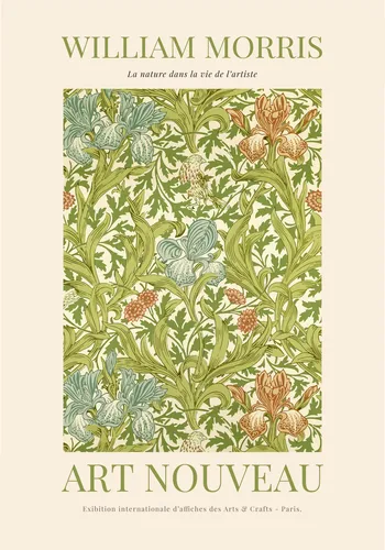 William Morris style botanical art nouveau poster with a dense pattern of leaves and flowers in rich jewel greens and warm earth tones.