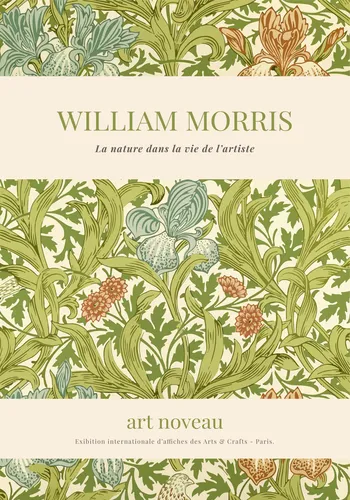 Art nouveau botanical wall poster in William Morris style with interwoven leaves and blossoms in earth tones and emerald greens.
