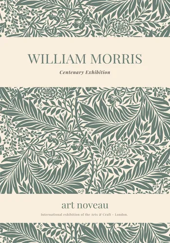 Victorian botanical exhibition poster in William Morris style with layered foliage and flowers in deep forest greens and warm browns.