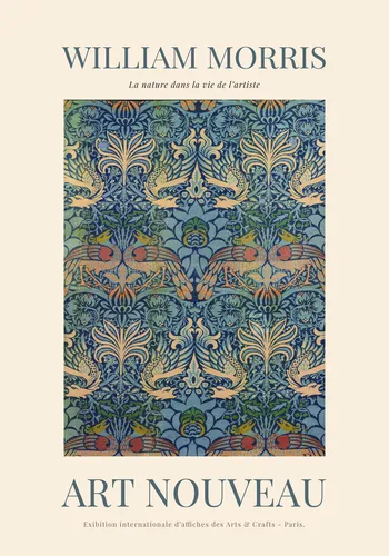 Arts and crafts floral poster in William Morris style with a bold repeating pattern in rich jewel greens and warm ochre tones.