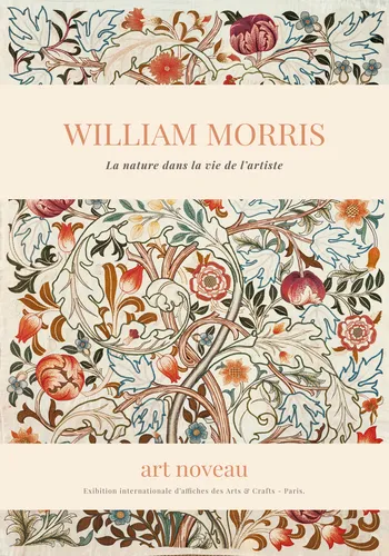 Botanical art nouveau poster in William Morris style with dense leaf and bloom motifs in warm amber and deep green jewel tones.
