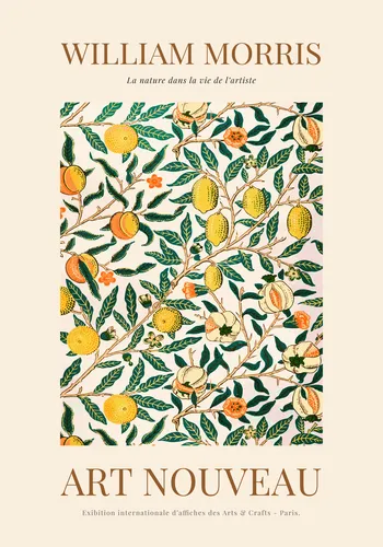 Cottagecore botanical poster in William Morris style with romantic Victorian garden blooms in muted jewel tones on a warm ground.