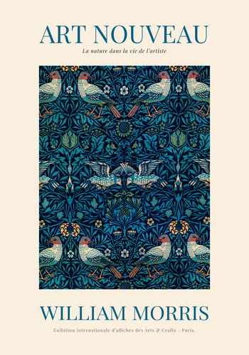Victorian pattern poster in William Morris style with a dense vertical botanical composition in jewel tones and warm browns.