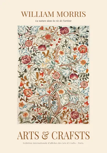William Morris style botanical illustration poster with intricate Victorian leaf and flower repeats in rich green and terracotta tones.