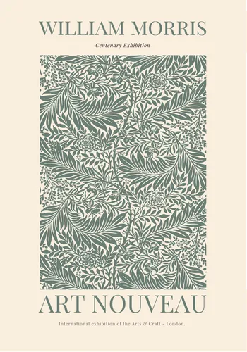 Art nouveau English garden poster in William Morris style with ornate layered flowers and leaves in warm amber and deep green.