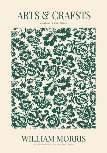 Classic William Morris arts and crafts floral poster with a timeless Victorian repeating pattern in jewel tones and warm earth hues.