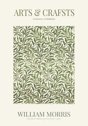 Vintage style William Morris botanical art nouveau poster with abundant interwoven leaves and blooms in warm amber, ochre and forest green.