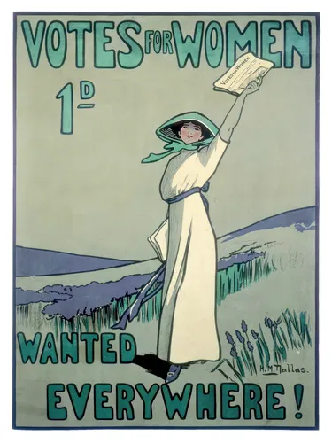Vintage style Votes for Women suffragette poster with bold typographic protest design in a historical feminist activism aesthetic.