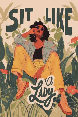 Graphic feminist poster of a woman sitting freely with bold typography and a striking bold colour palette.