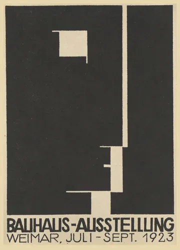 Bauhaus 1923 Weimar exhibition style poster with bold geometric shapes and typography in primary red, yellow and blue.