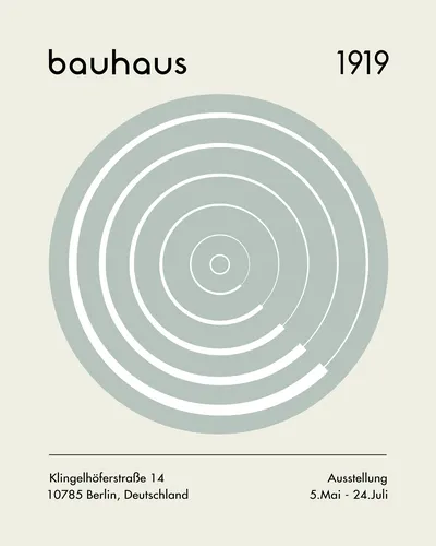 Minimalist Bauhaus style poster with precise geometric shapes and modernist typography in grey and white tones.