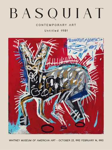 Bold red neo-expressionist street art poster with raw gestural composition in crimson and warm red tones.