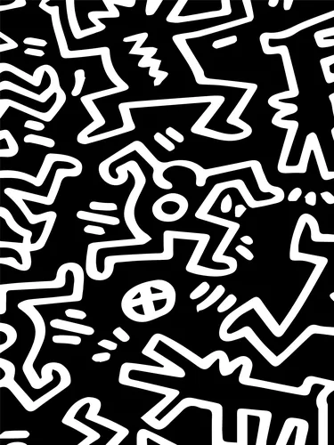 Pop art poster with energetic dancing figures in bold black line work on a clean background.